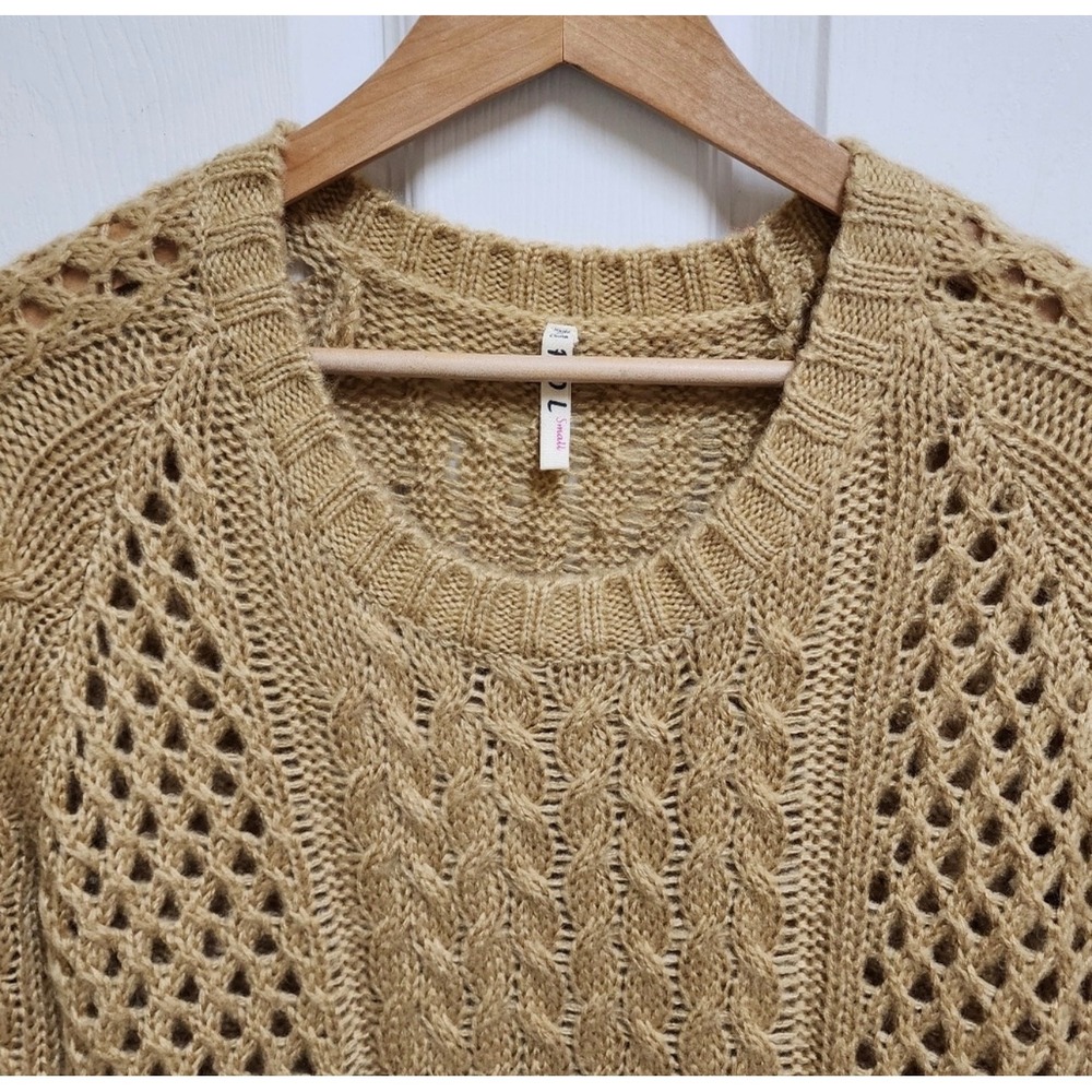 Pol Cable Open Knit Yellow Sweater Floral Lace Hem Raglan Sleeve Oversized S - Picture 3 of 13